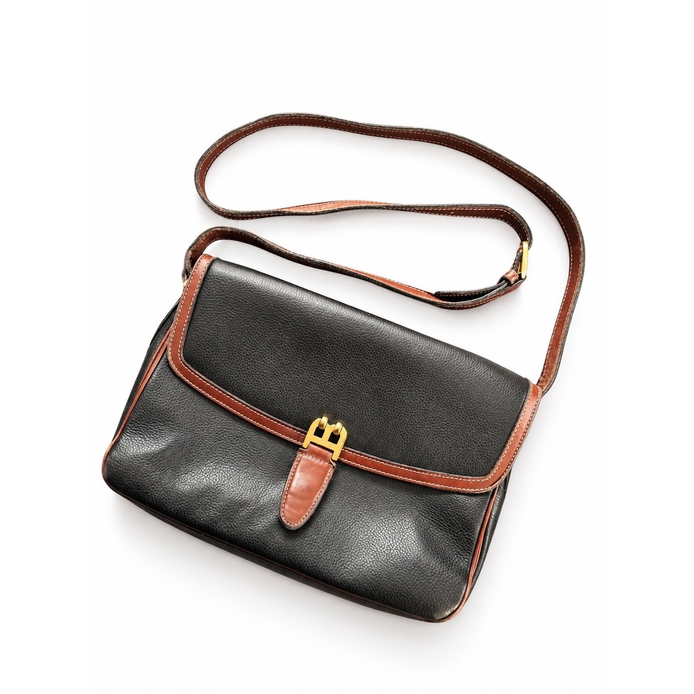 Vintage Bally Leather Shoulder Bag Black Brown Crossbody Gold Hardware Italy